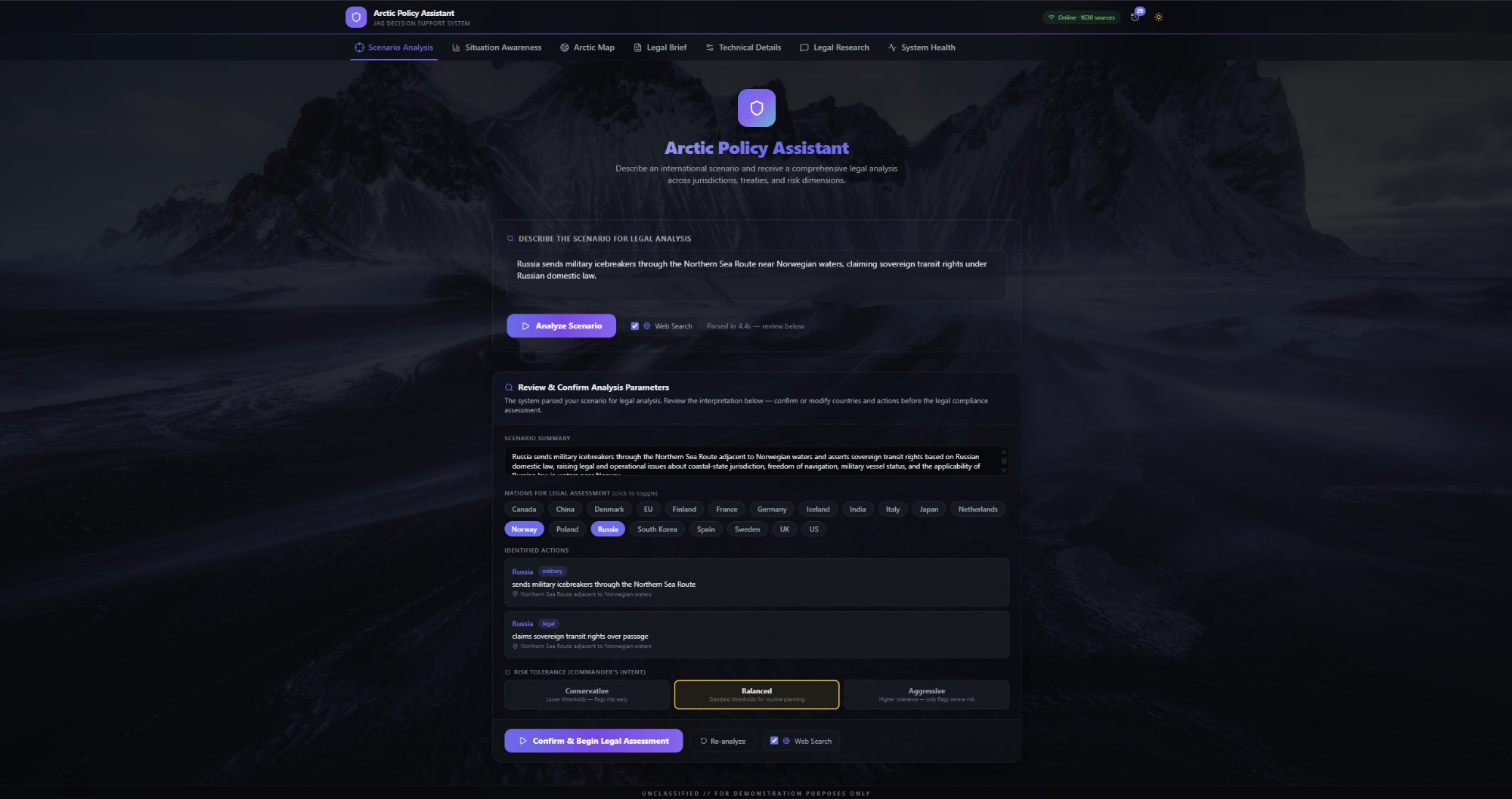 DAPSE scenario analysis interface, Arctic Policy Intelligence Engine